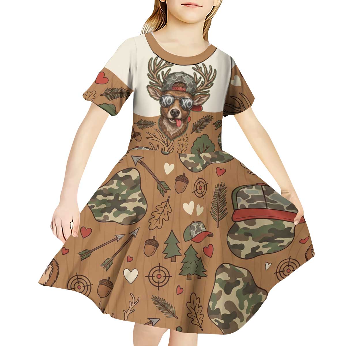 Valentine Buck Kid Short Sleeve Dress with Camo Cap and XOXO Pattern Retro Hunting