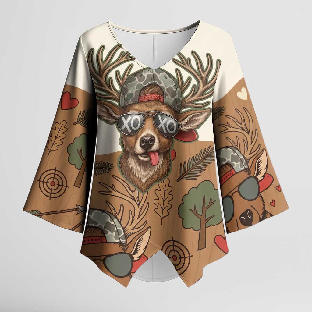 Valentine Buck Kimono Sleeve Blouse with Camo Cap and XOXO Pattern Retro Hunting
