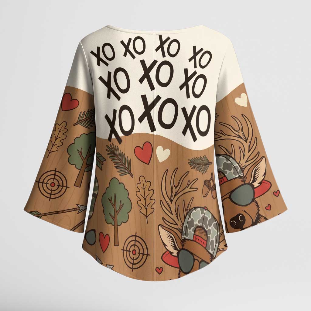 Valentine Buck Kimono Sleeve Blouse with Camo Cap and XOXO Pattern Retro Hunting