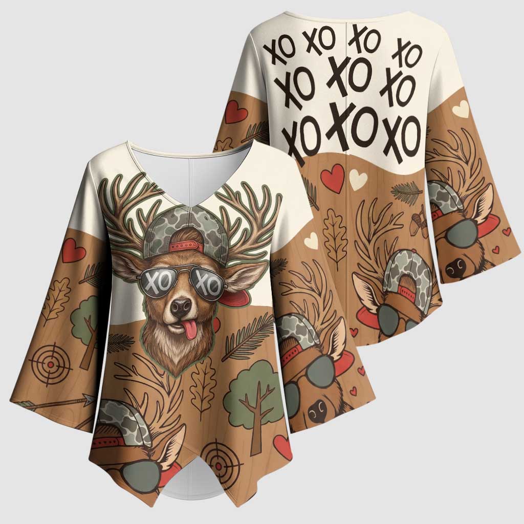 Valentine Buck Kimono Sleeve Blouse with Camo Cap and XOXO Pattern Retro Hunting