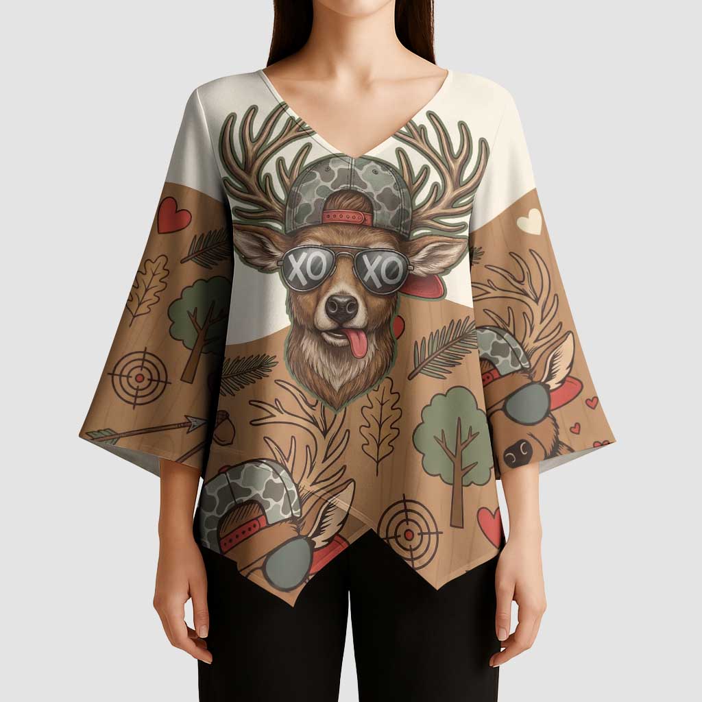 Valentine Buck Kimono Sleeve Blouse with Camo Cap and XOXO Pattern Retro Hunting