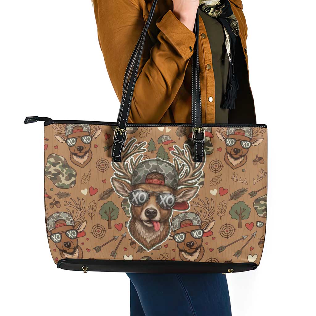 Valentine Buck Leather Tote Bag with Camo Cap and XOXO Pattern Retro Hunting