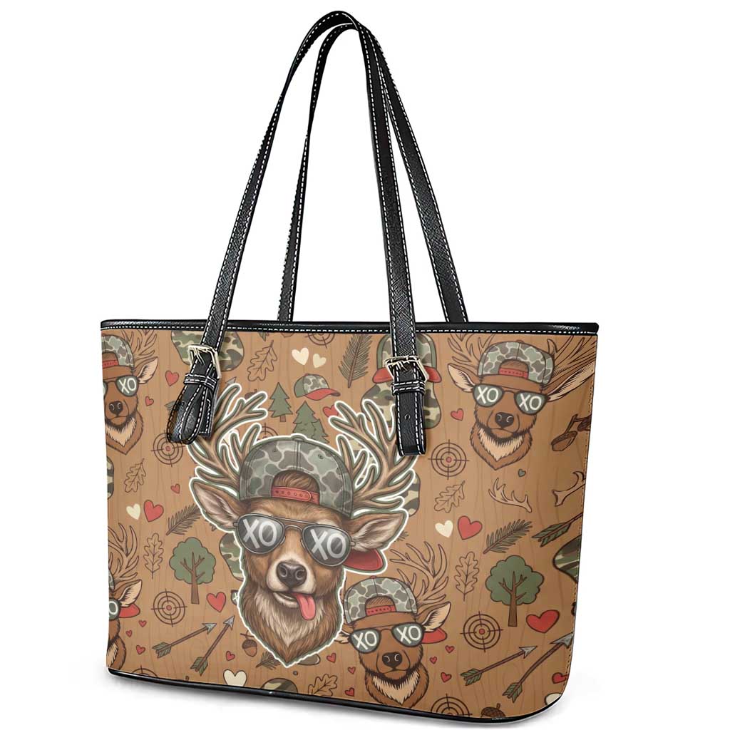 Valentine Buck Leather Tote Bag with Camo Cap and XOXO Pattern Retro Hunting