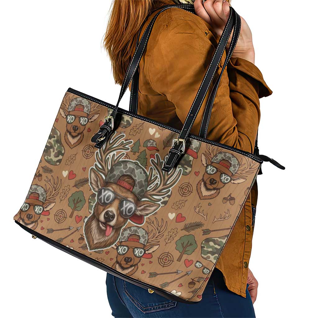 Valentine Buck Leather Tote Bag with Camo Cap and XOXO Pattern Retro Hunting