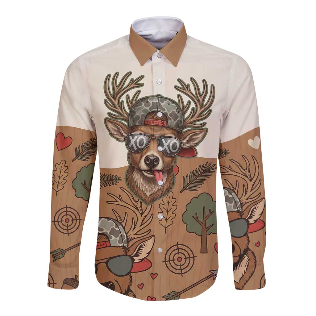 Valentine Buck Long Sleeve Button Shirt with Camo Cap and XOXO Pattern Retro Hunting