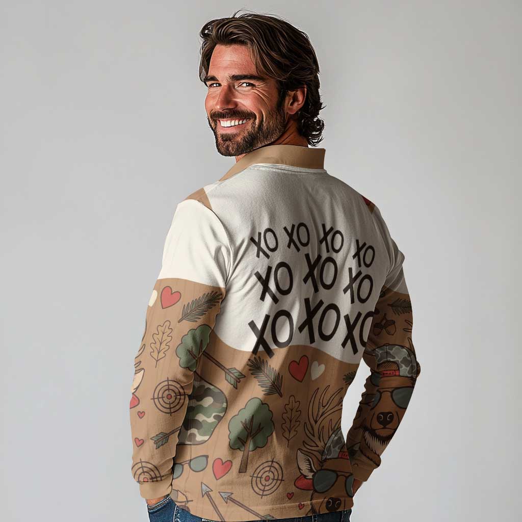 Valentine Buck Long Sleeve Polo Shirt with Camo Cap and XOXO Pattern Retro Hunting