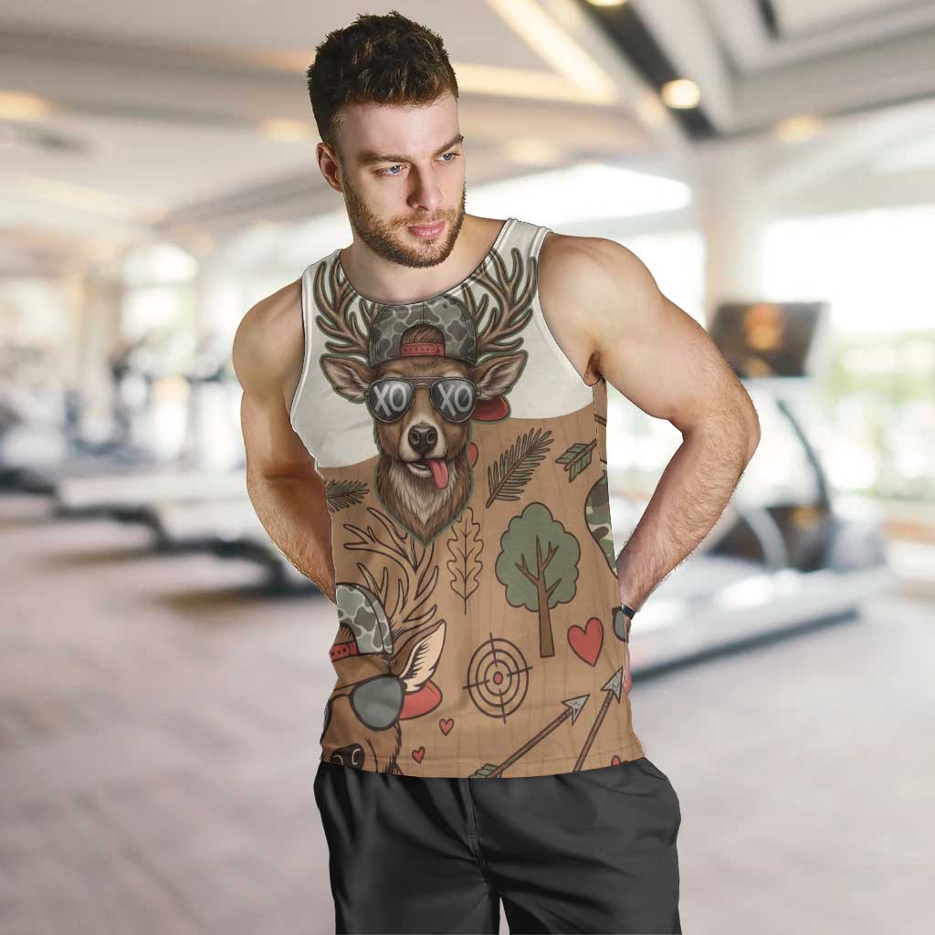 Valentine Buck Men Tank Top with Camo Cap and XOXO Pattern Retro Hunting