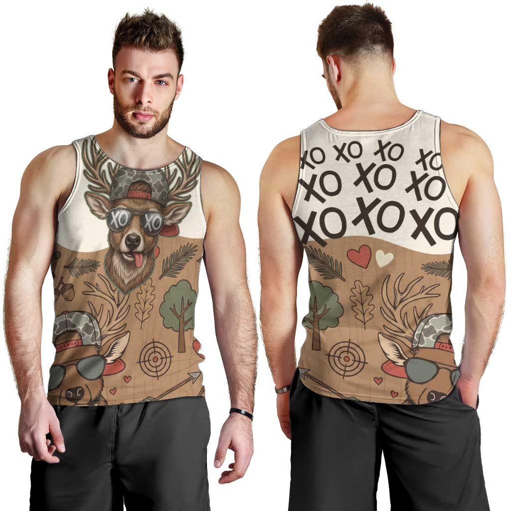 Valentine Buck Men Tank Top with Camo Cap and XOXO Pattern Retro Hunting
