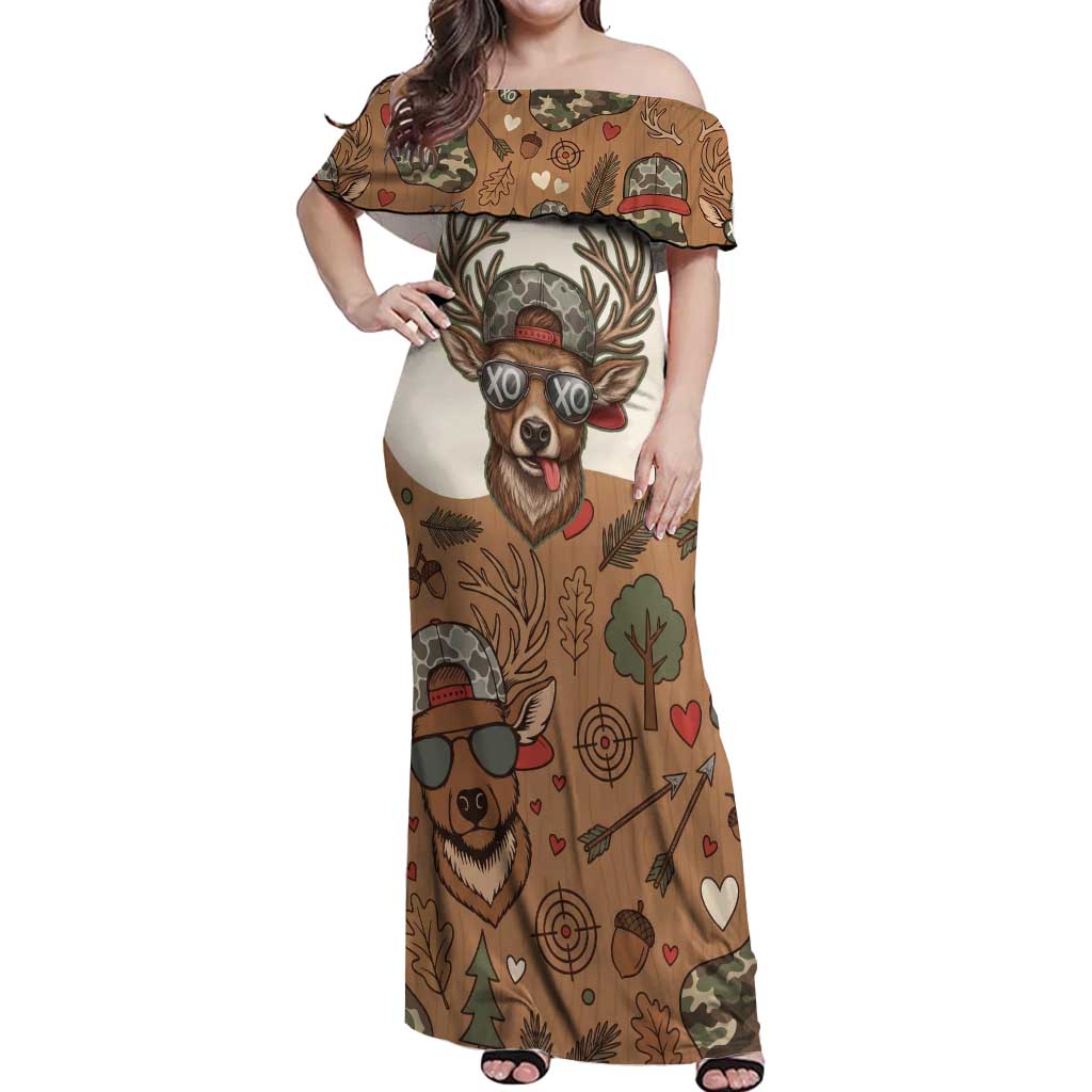 Valentine Buck Off Shoulder Maxi Dress with Camo Cap and XOXO Pattern Retro Hunting