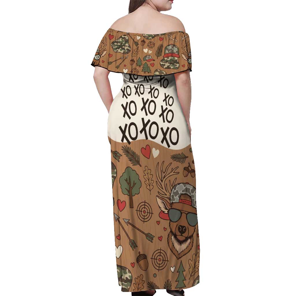 Valentine Buck Off Shoulder Maxi Dress with Camo Cap and XOXO Pattern Retro Hunting