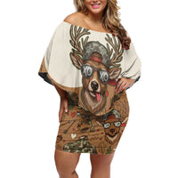 Valentine Buck Off Shoulder Short Dress with Camo Cap and XOXO Pattern Retro Hunting
