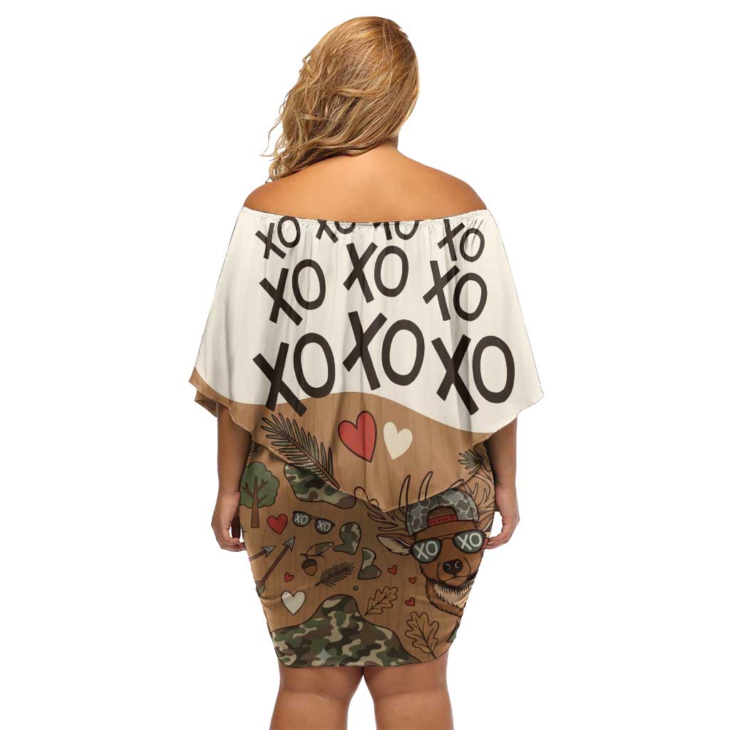 Valentine Buck Off Shoulder Short Dress with Camo Cap and XOXO Pattern Retro Hunting