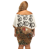 Valentine Buck Off Shoulder Short Dress with Camo Cap and XOXO Pattern Retro Hunting