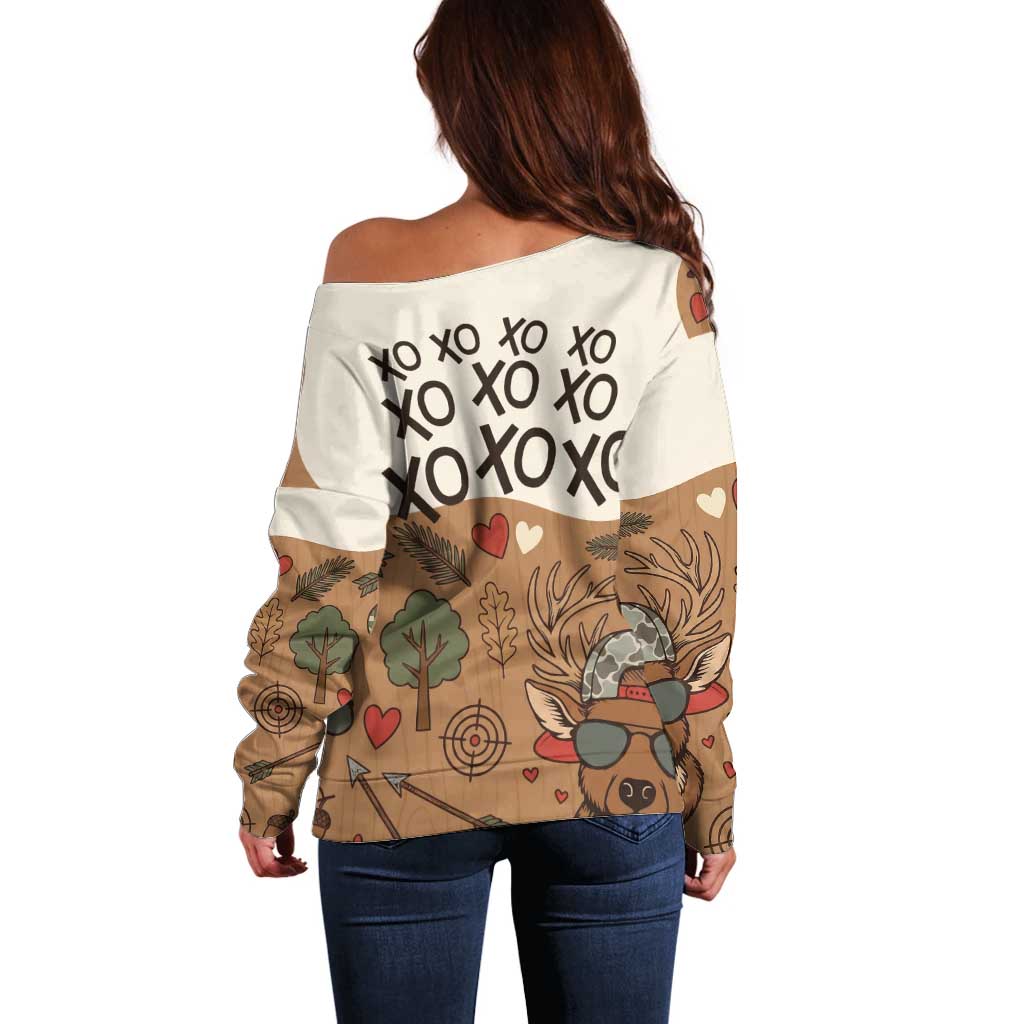 Valentine Buck Off Shoulder Sweater with Camo Cap and XOXO Pattern Retro Hunting