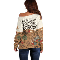 Valentine Buck Off Shoulder Sweater with Camo Cap and XOXO Pattern Retro Hunting