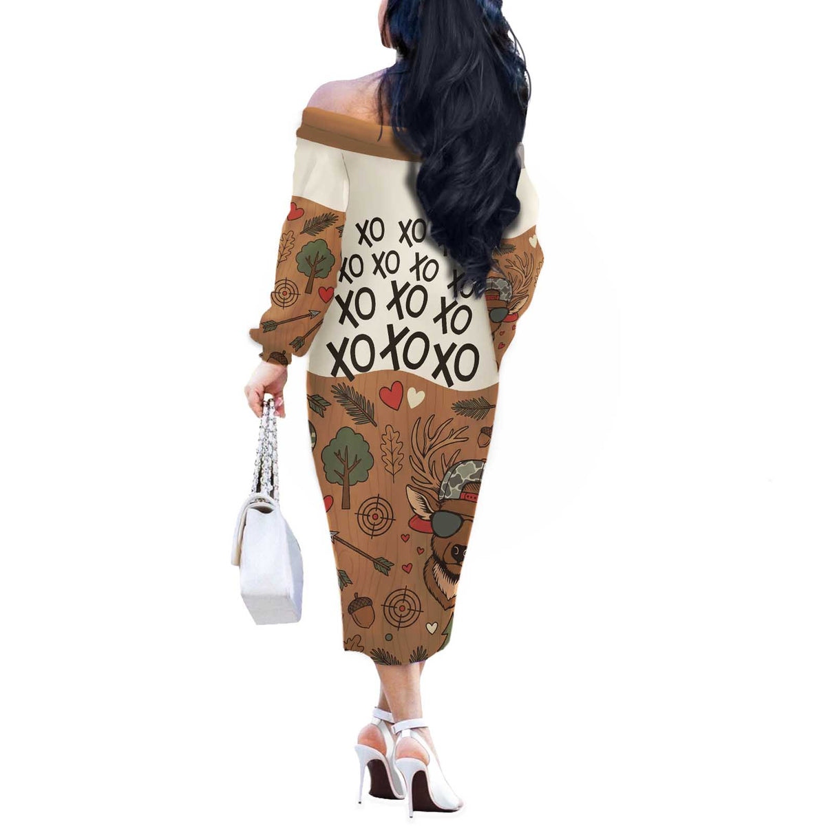Valentine Buck Off The Shoulder Long Sleeve Dress with Camo Cap and XOXO Pattern Retro Hunting