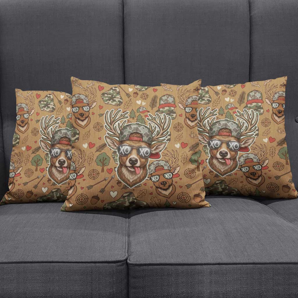 Valentine Buck Pillow Cover with Camo Cap and XOXO Pattern Retro Hunting