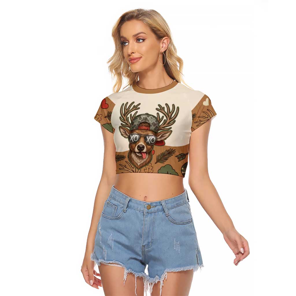 Valentine Buck Raglan Cropped T Shirt with Camo Cap and XOXO Pattern Retro Hunting