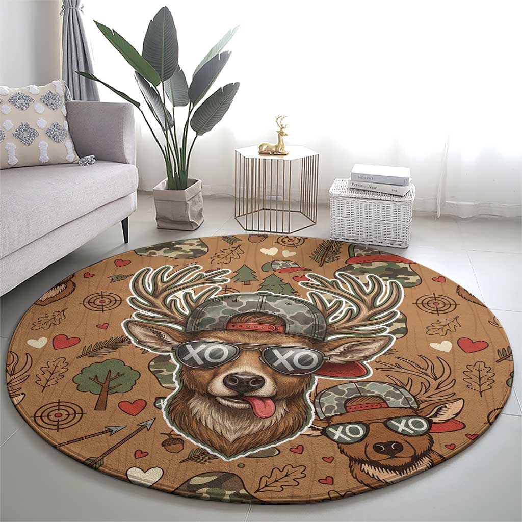 Valentine Buck Round Carpet with Camo Cap and XOXO Pattern Retro Hunting