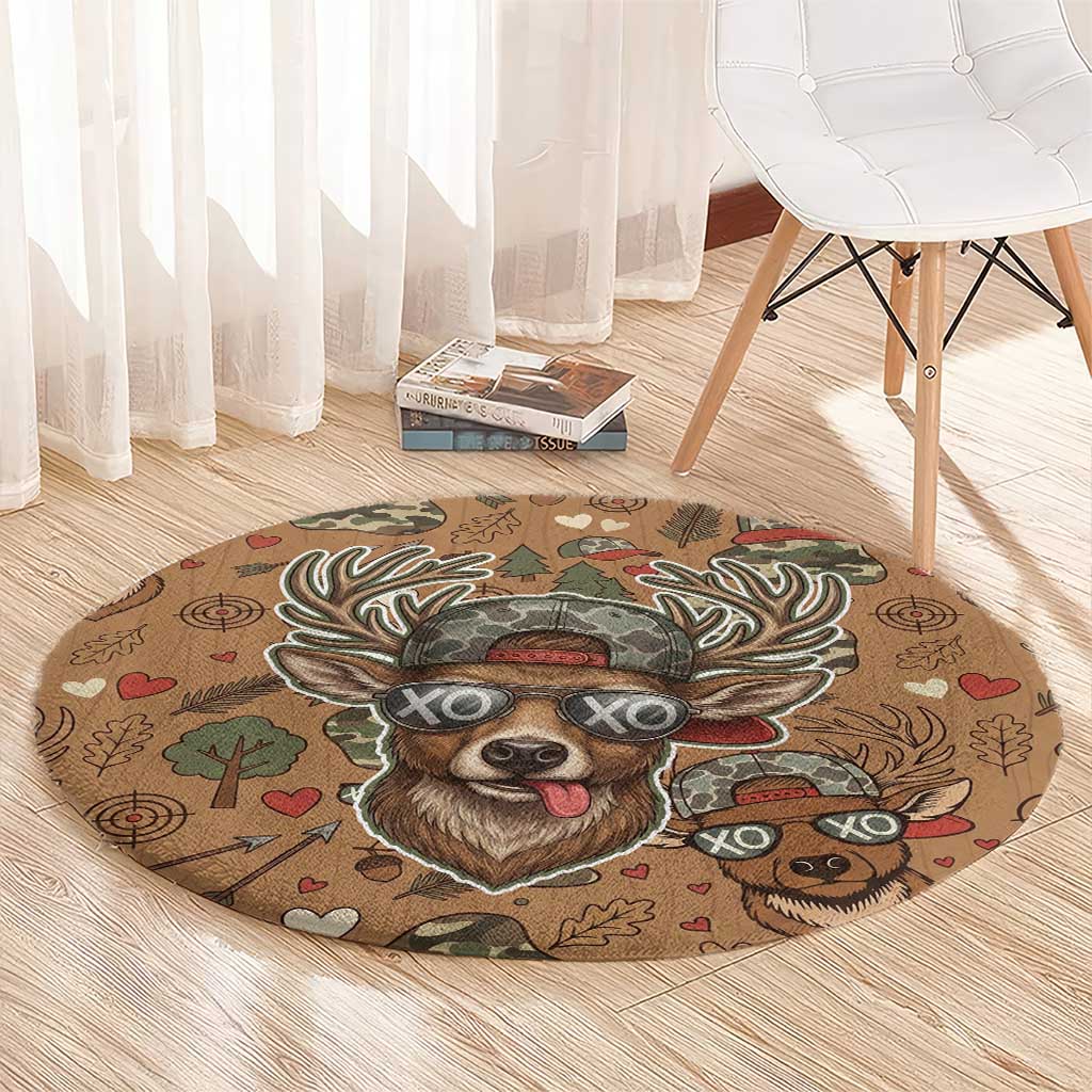 Valentine Buck Round Carpet with Camo Cap and XOXO Pattern Retro Hunting