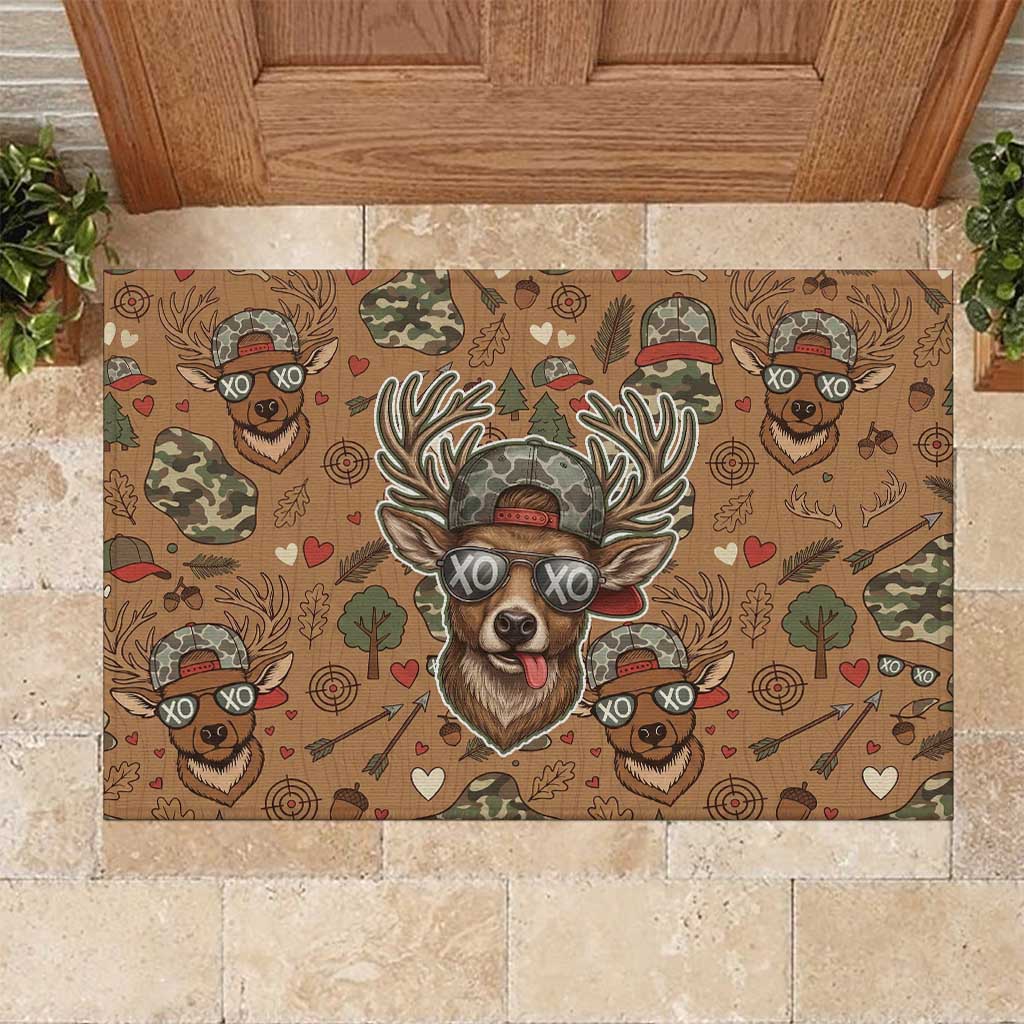 Valentine Buck Rubber Doormat with Camo Cap and XOXO Pattern Retro Hunting