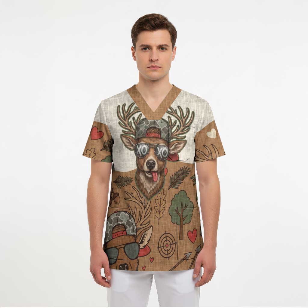Valentine Buck Scrub Top with Camo Cap and XOXO Pattern Retro Hunting