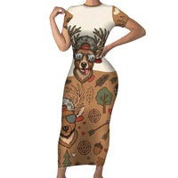 Valentine Buck Short Sleeve Bodycon Dress with Camo Cap and XOXO Pattern Retro Hunting