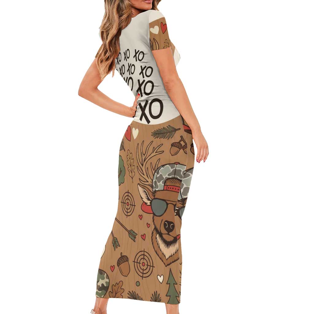 Valentine Buck Short Sleeve Bodycon Dress with Camo Cap and XOXO Pattern Retro Hunting