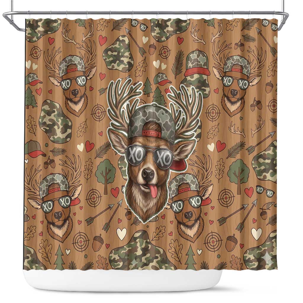 Valentine Buck Shower Curtain with Camo Cap and XOXO Pattern Retro Hunting