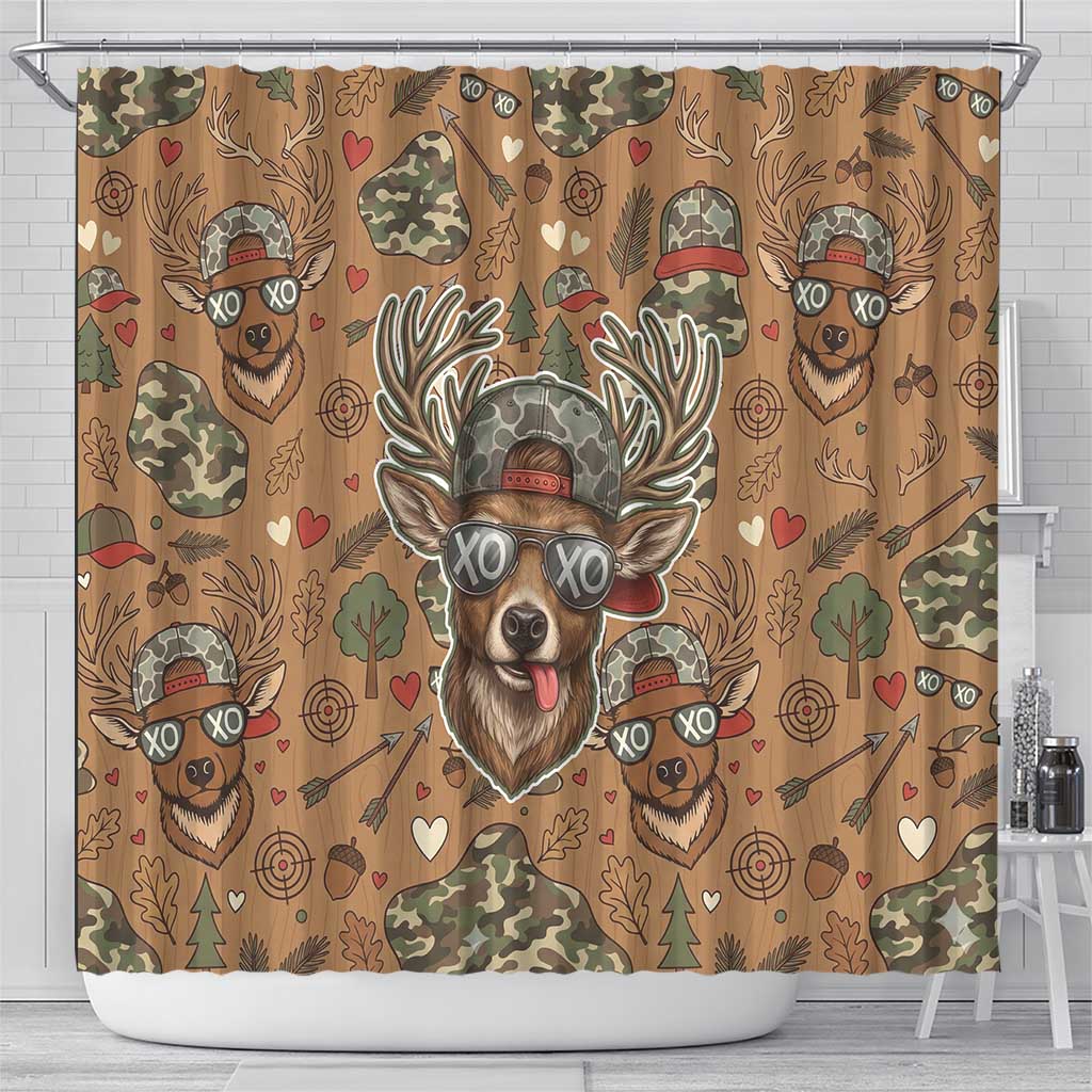 Valentine Buck Shower Curtain with Camo Cap and XOXO Pattern Retro Hunting