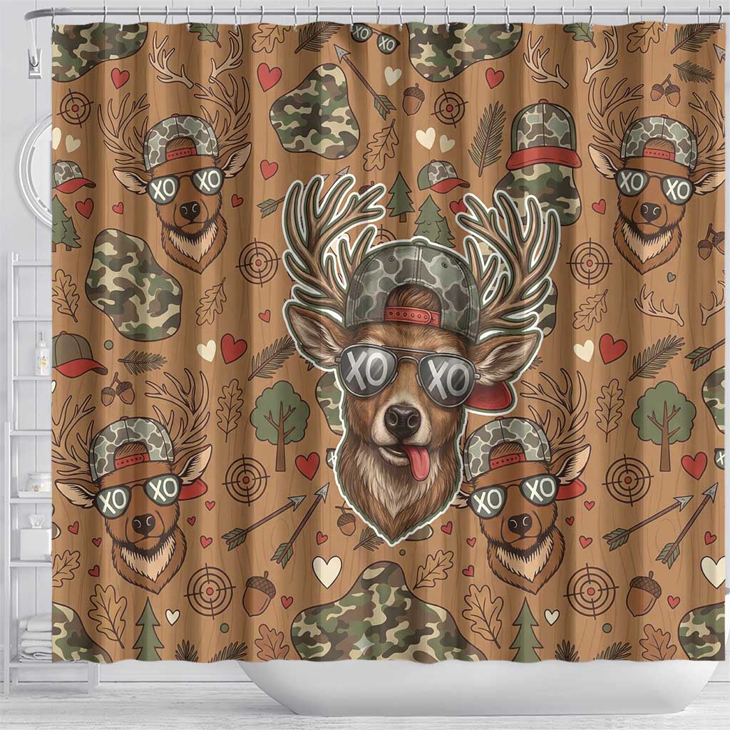 Valentine Buck Shower Curtain with Camo Cap and XOXO Pattern Retro Hunting