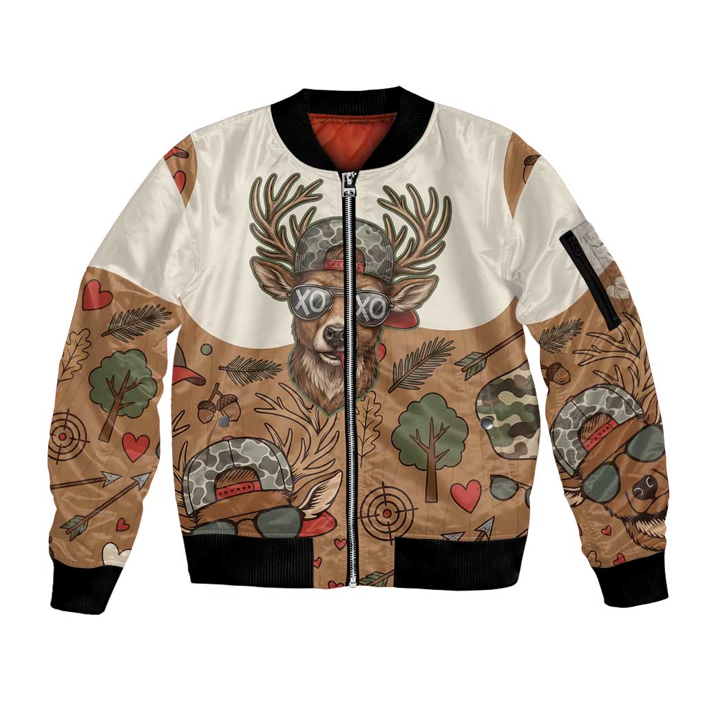 Valentine Buck Sleeve Zip Bomber Jacket with Camo Cap and XOXO Pattern Retro Hunting