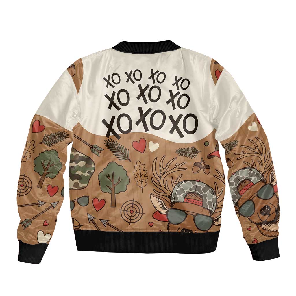 Valentine Buck Sleeve Zip Bomber Jacket with Camo Cap and XOXO Pattern Retro Hunting