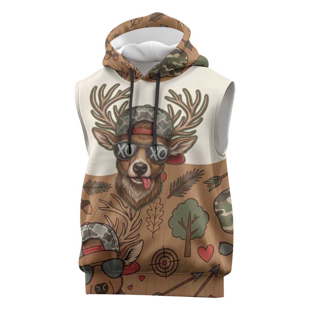 Valentine Buck Sleeveless Hoodie with Camo Cap and XOXO Pattern Retro Hunting