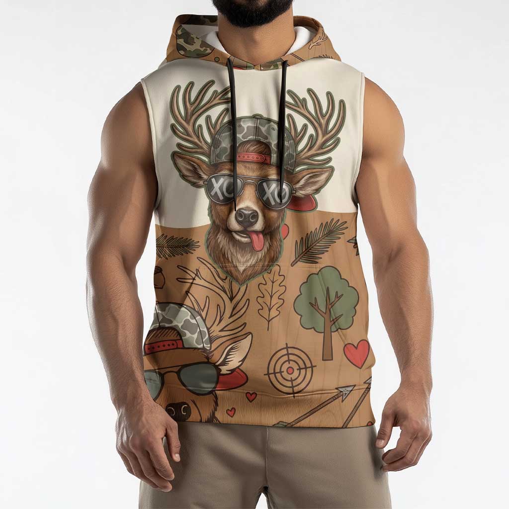 Valentine Buck Sleeveless Hoodie with Camo Cap and XOXO Pattern Retro Hunting
