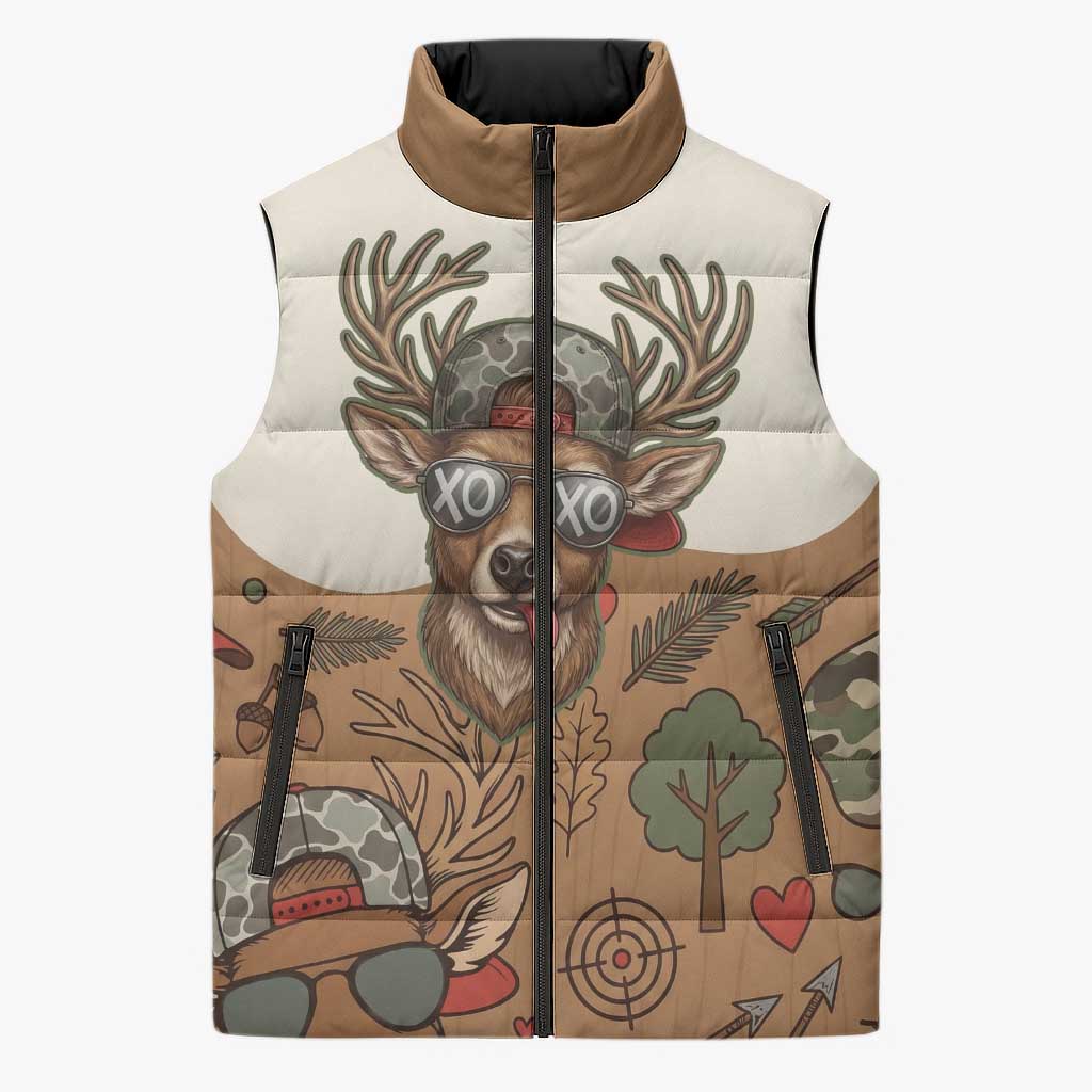 Valentine Buck Sleeveless Puffer Jacket with Camo Cap and XOXO Pattern Retro Hunting