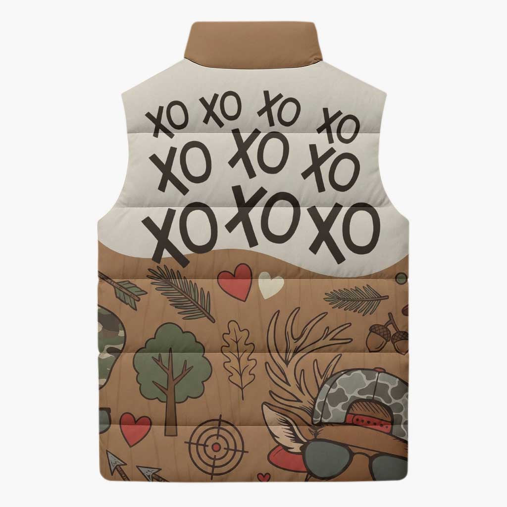 Valentine Buck Sleeveless Puffer Jacket with Camo Cap and XOXO Pattern Retro Hunting