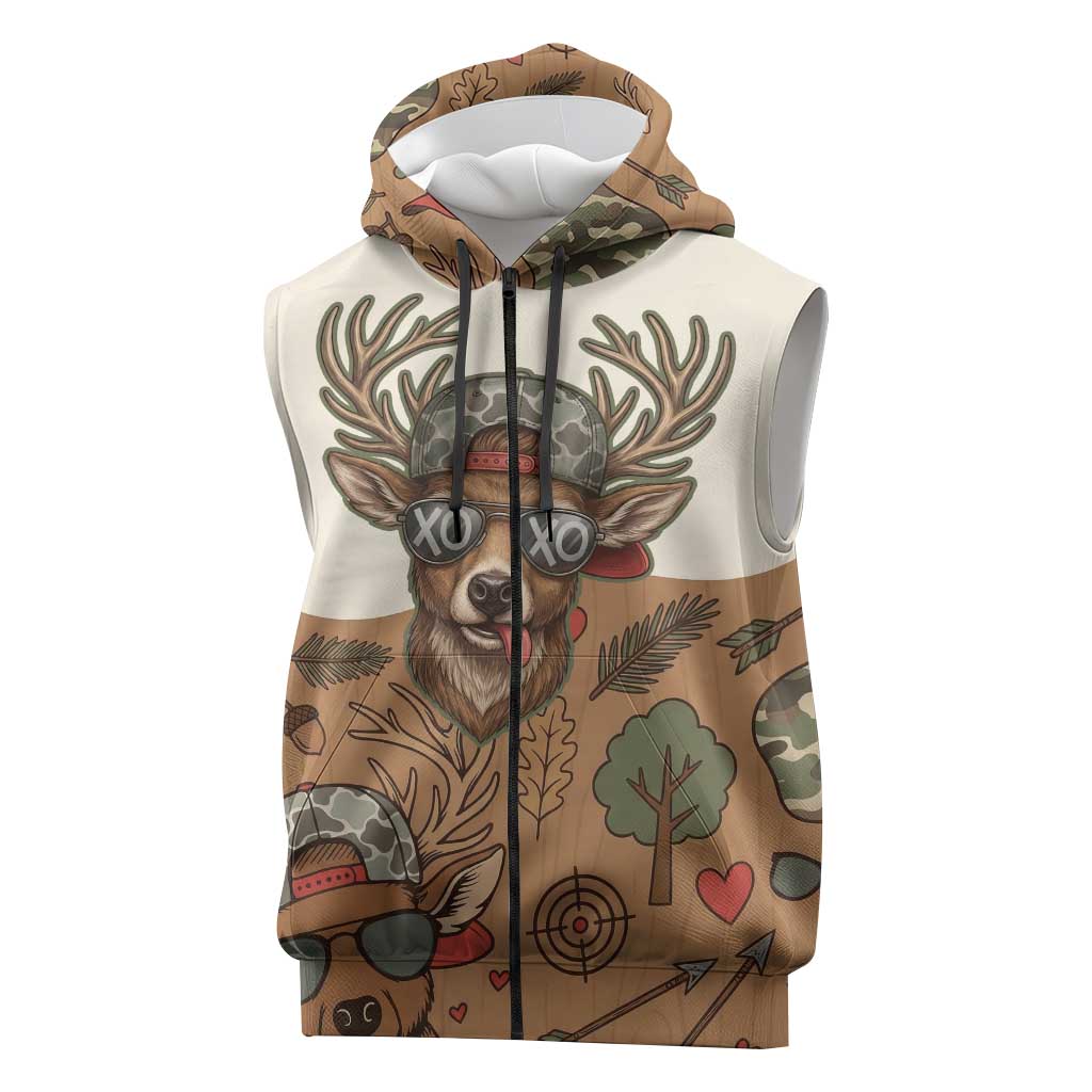 Valentine Buck Sleeveless Zip Hoodie with Camo Cap and XOXO Pattern Retro Hunting