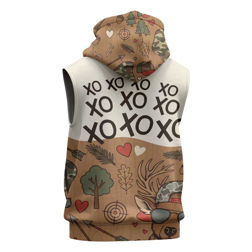 Valentine Buck Sleeveless Zip Hoodie with Camo Cap and XOXO Pattern Retro Hunting