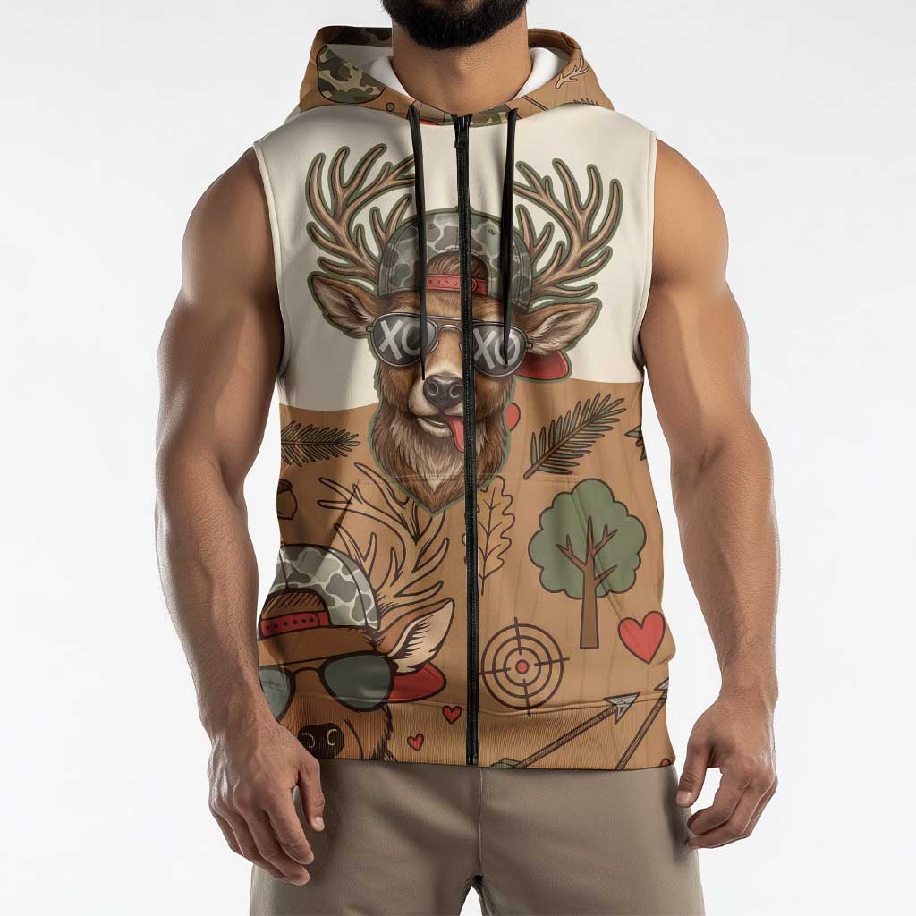Valentine Buck Sleeveless Zip Hoodie with Camo Cap and XOXO Pattern Retro Hunting