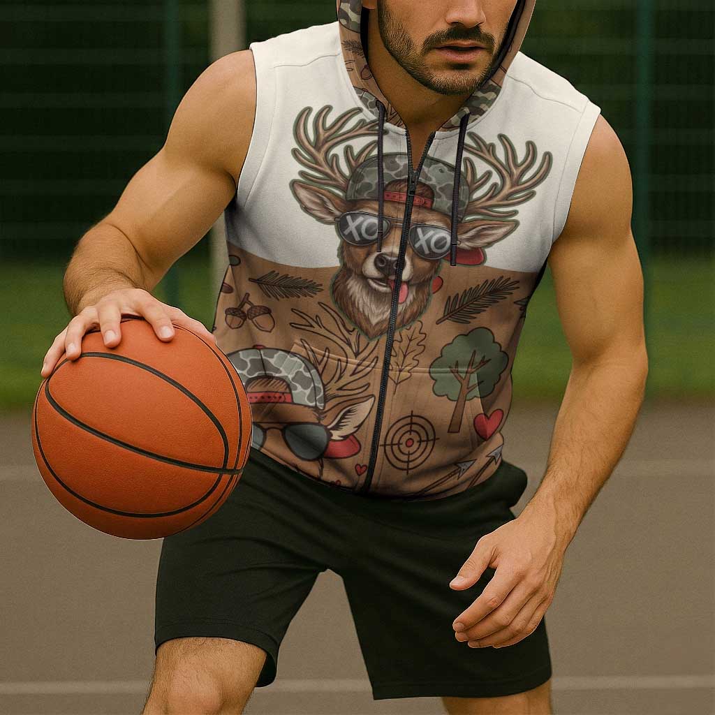 Valentine Buck Sleeveless Zip Hoodie with Camo Cap and XOXO Pattern Retro Hunting