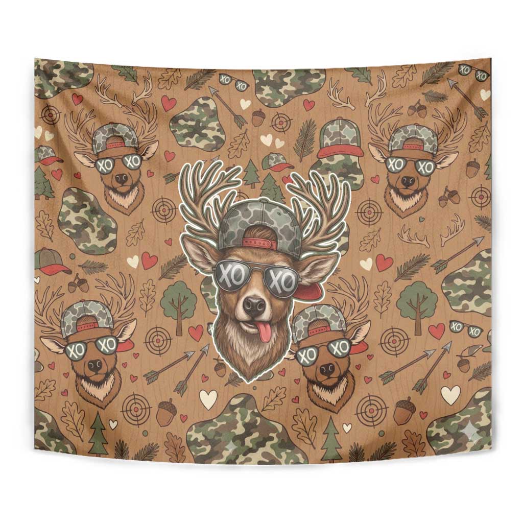 Valentine Buck Tapestry with Camo Cap and XOXO Pattern Retro Hunting