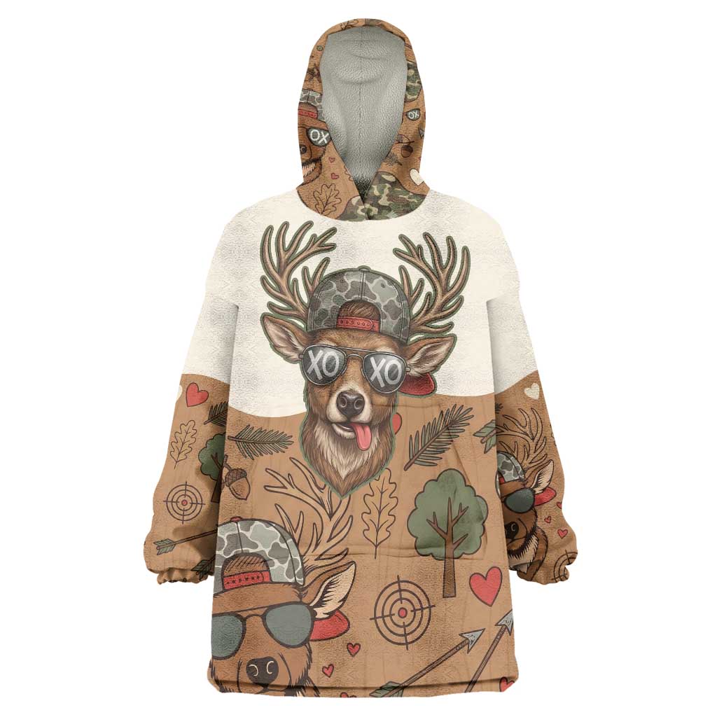 Valentine Buck Wearable Blanket Hoodie with Camo Cap and XOXO Pattern Retro Hunting