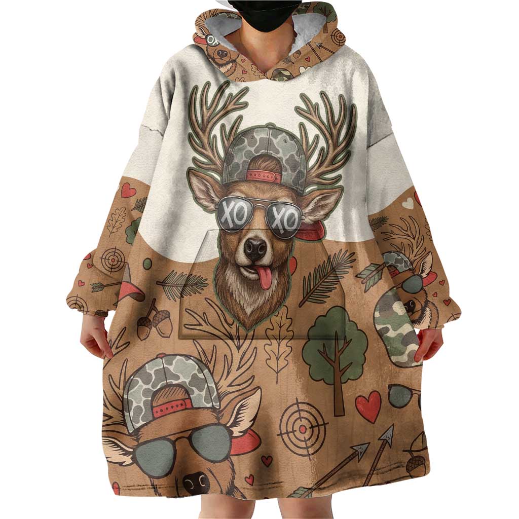 Valentine Buck Wearable Blanket Hoodie with Camo Cap and XOXO Pattern Retro Hunting