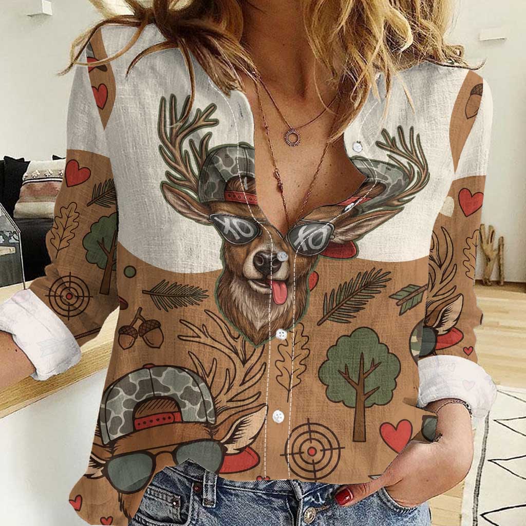 Valentine Buck Women Casual Shirt with Camo Cap and XOXO Pattern Retro Hunting