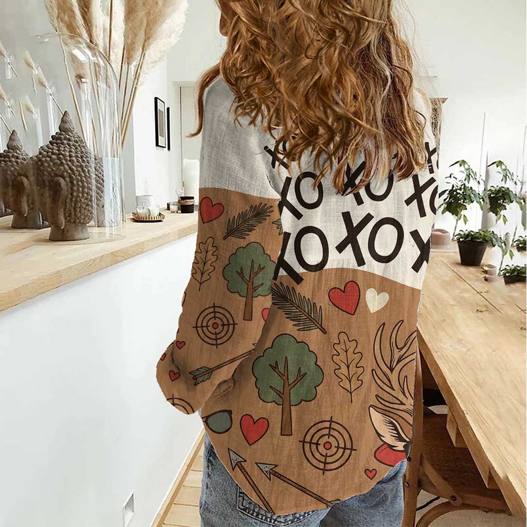 Valentine Buck Women Casual Shirt with Camo Cap and XOXO Pattern Retro Hunting