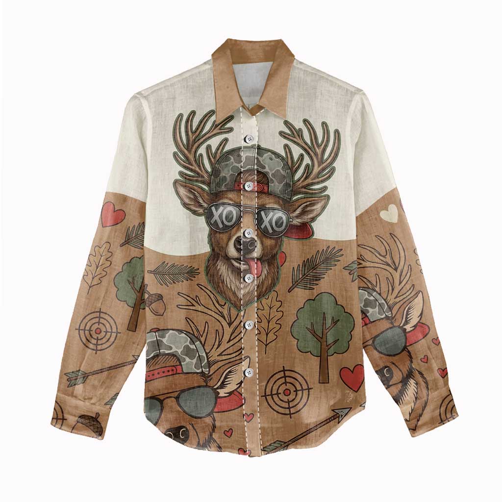 Valentine Buck Women Casual Shirt with Camo Cap and XOXO Pattern Retro Hunting