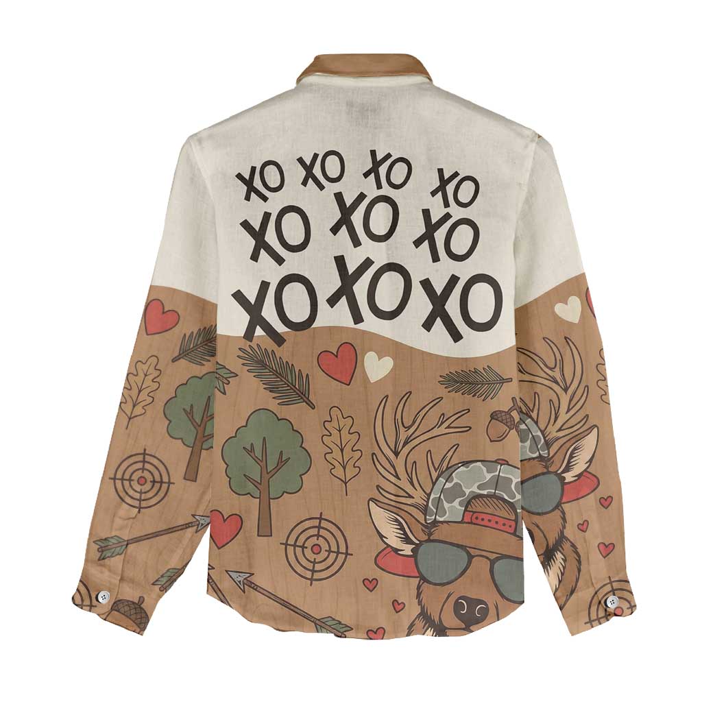 Valentine Buck Women Casual Shirt with Camo Cap and XOXO Pattern Retro Hunting
