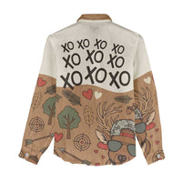 Valentine Buck Women Casual Shirt with Camo Cap and XOXO Pattern Retro Hunting