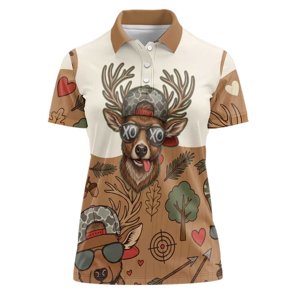 Valentine Buck Women Polo Shirt with Camo Cap and XOXO Pattern Retro Hunting